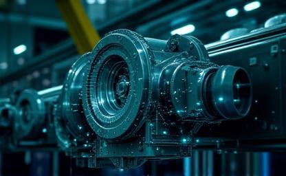 Image representing AI in a manufacturing setting, showing gears and data overlays